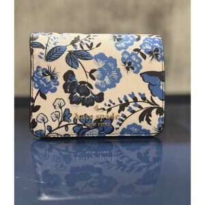 Kate Spade Madison Vase Floral Printed Med Blue White Leather  Wallet